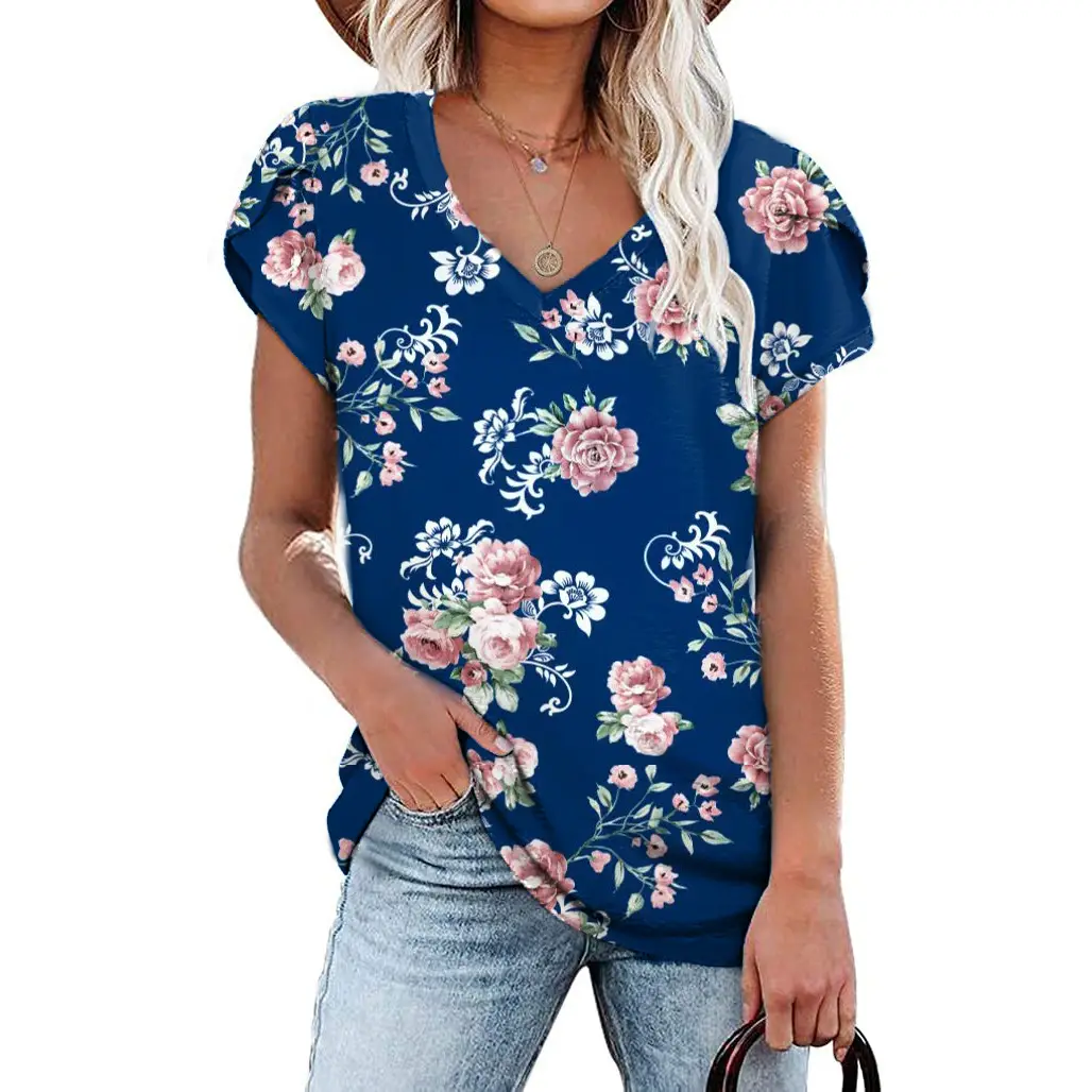 V Neck Floral Cotton T-Shirt Blue Loose Casual - Image 5