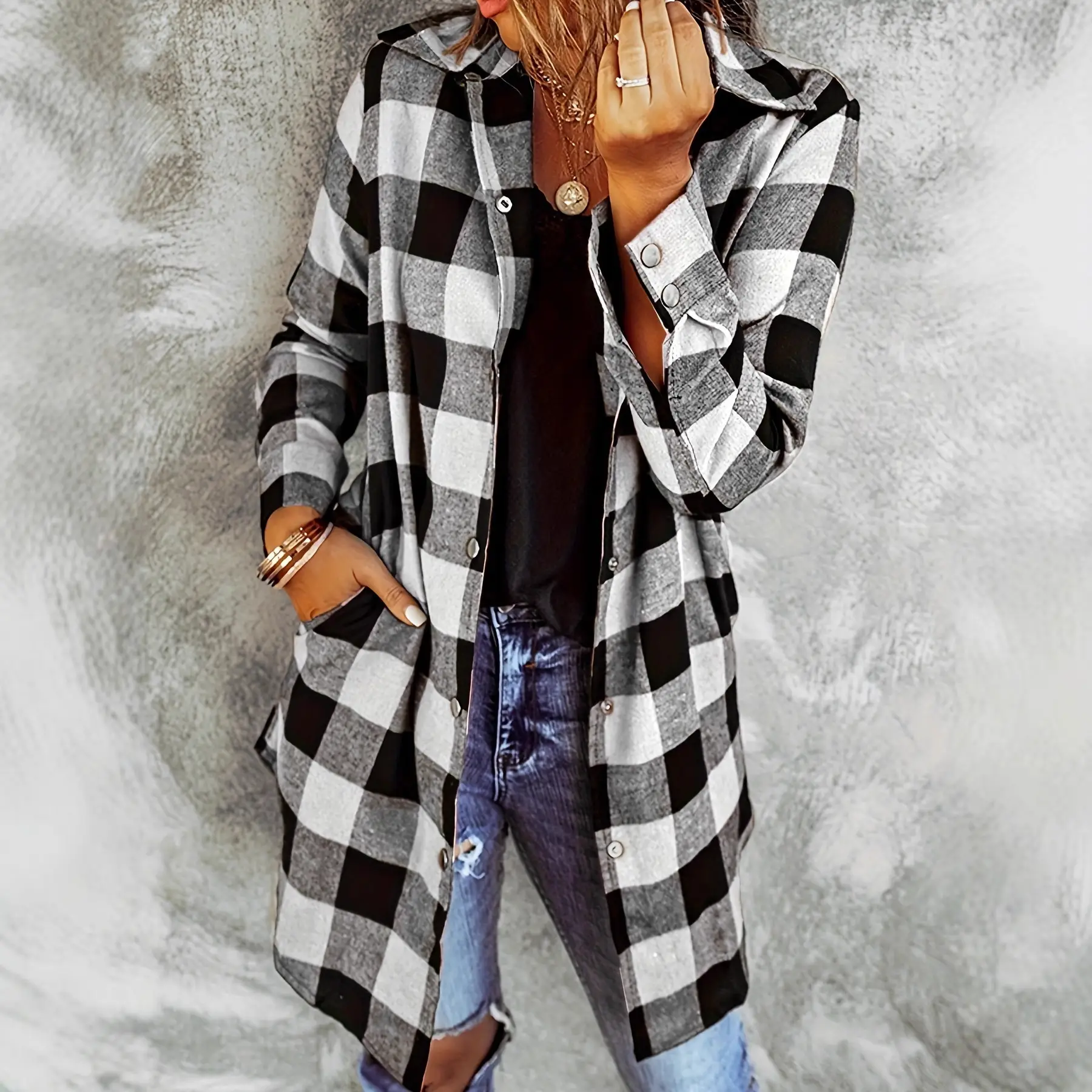 2021 Plaid Flannel Shirt Jacket Brown Black Casual Wear - Image 9