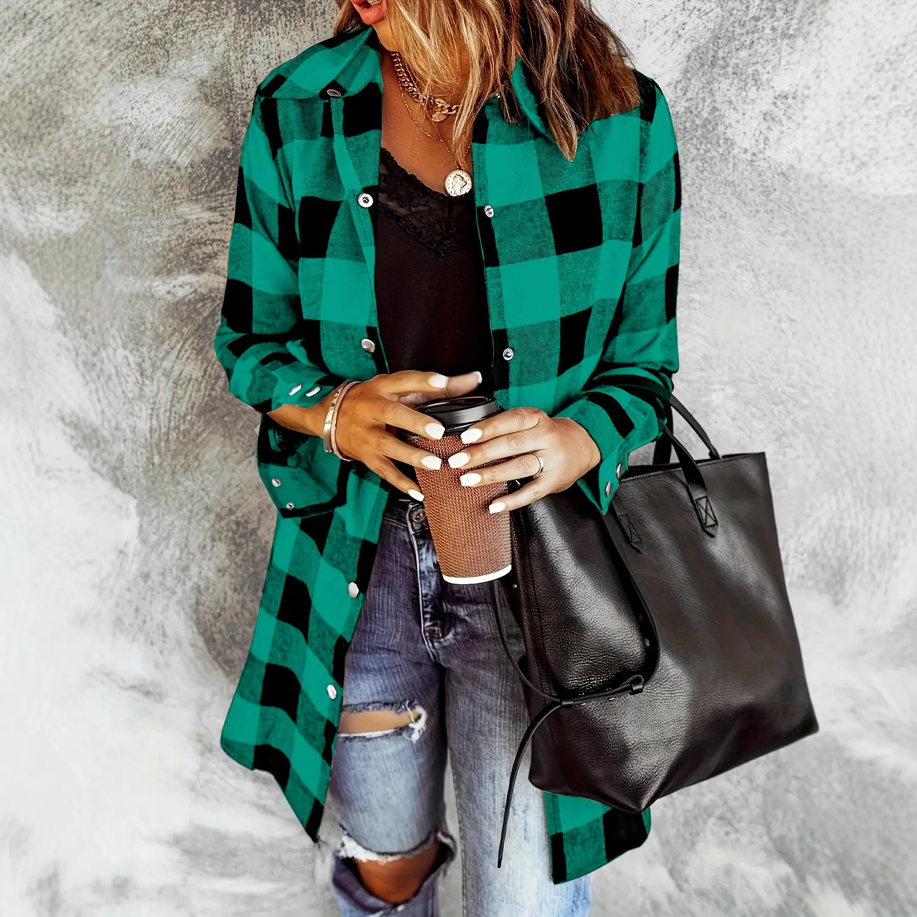 2021 Plaid Flannel Shirt Jacket Brown Black Casual Wear - Image 10