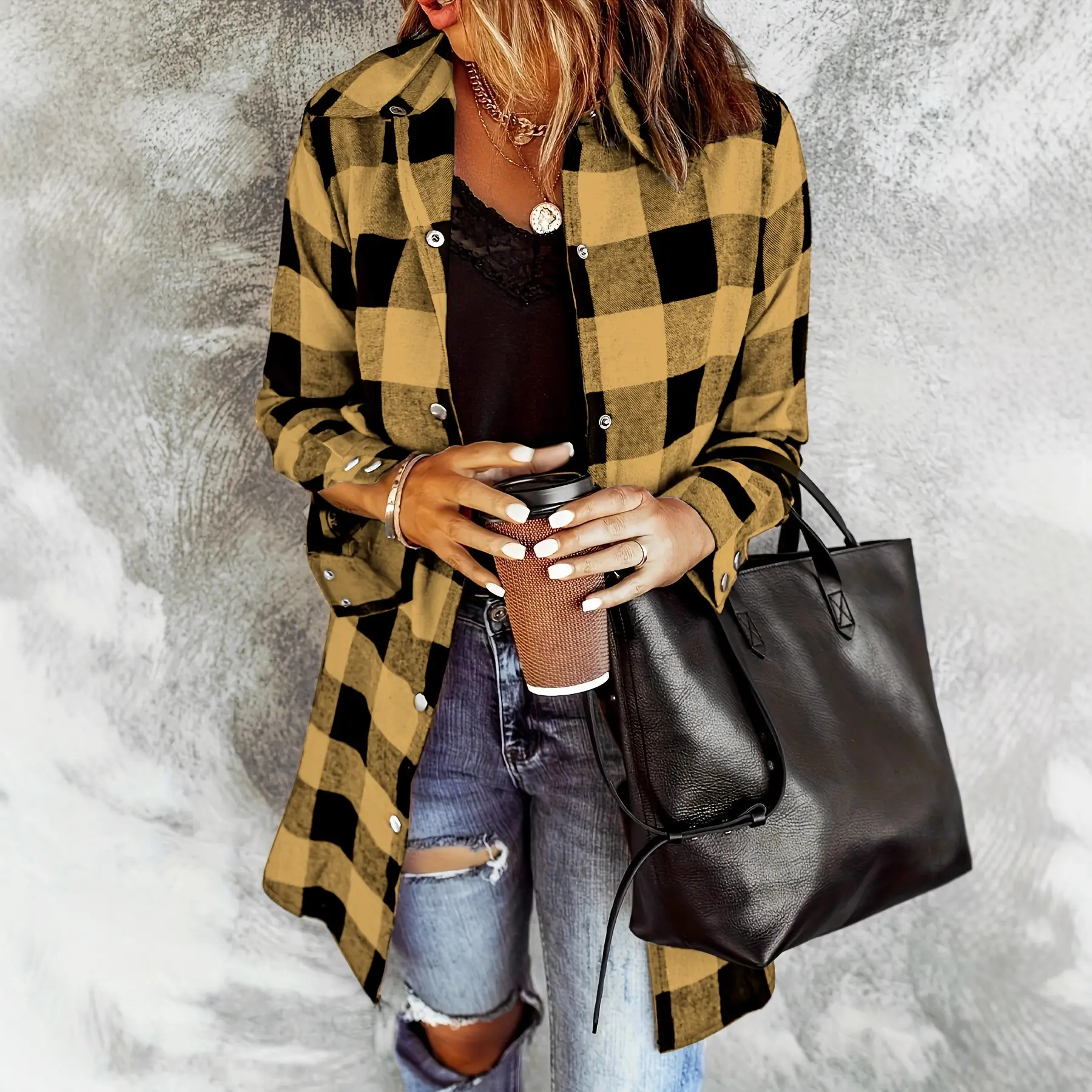 2021 Plaid Flannel Shirt Jacket Brown Black Casual Wear - Image 11