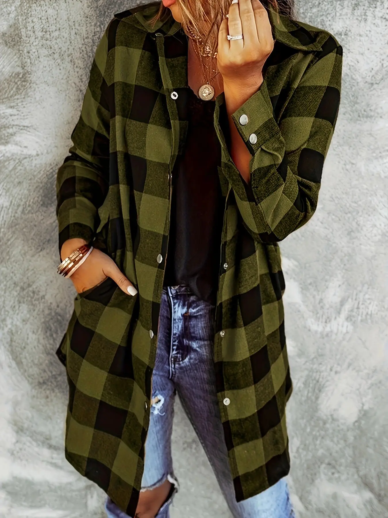 2021 Plaid Flannel Shirt Jacket Brown Black Casual Wear - Image 4