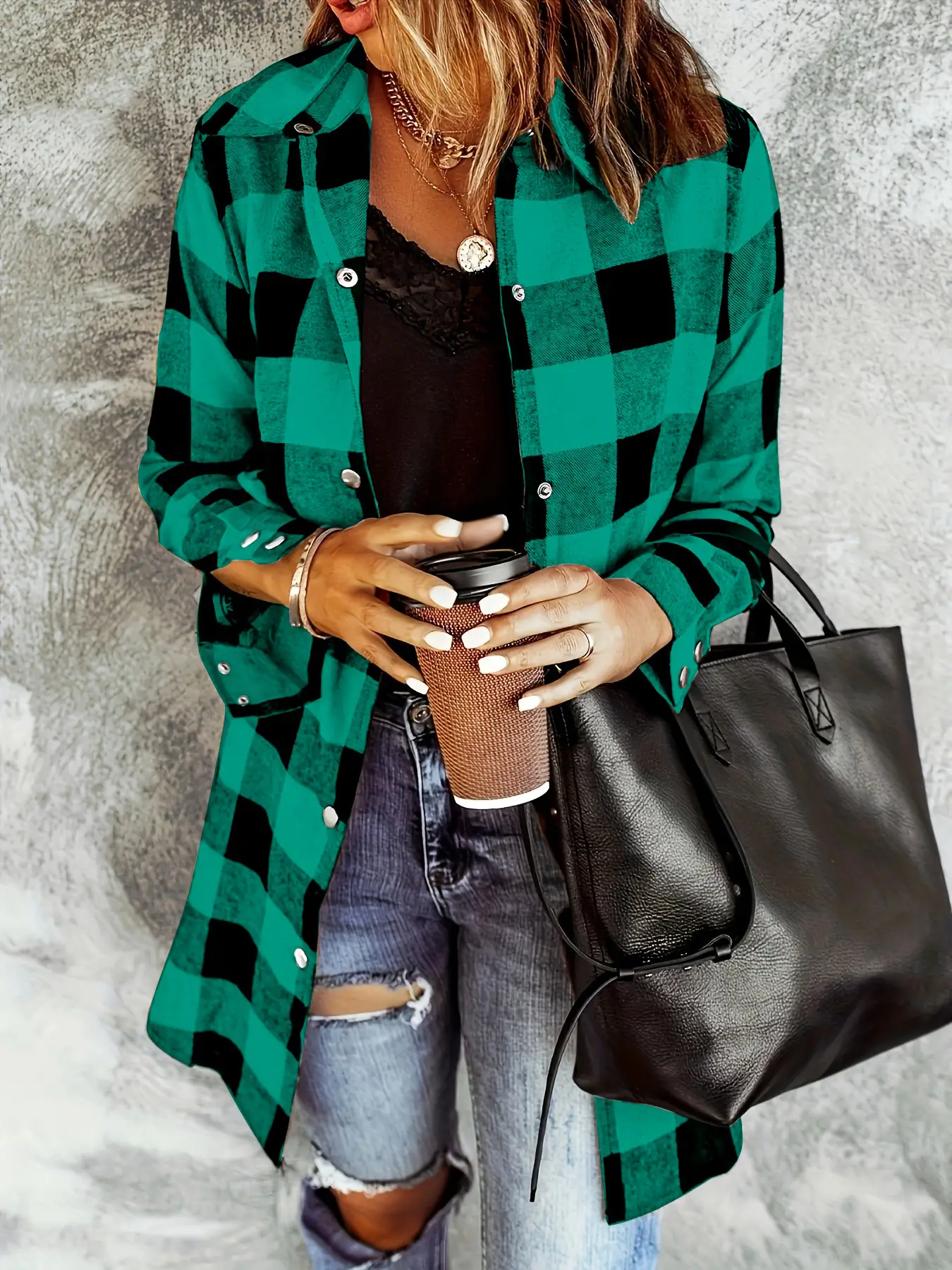 2021 Plaid Flannel Shirt Jacket Brown Black Casual Wear - Image 6