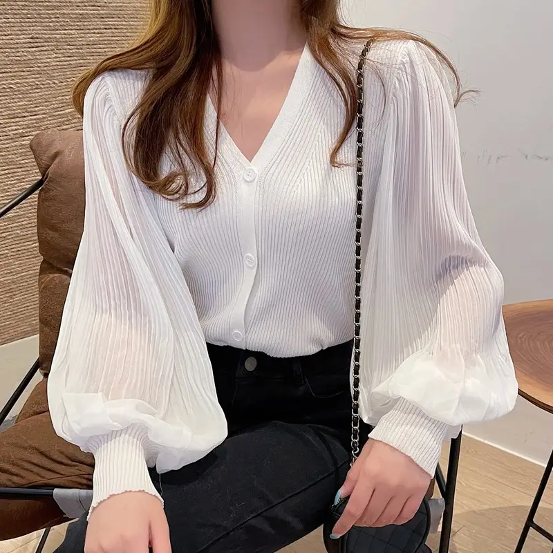 White V-Neck Long Sleeve Chiffon Cardigan Top - Image 5