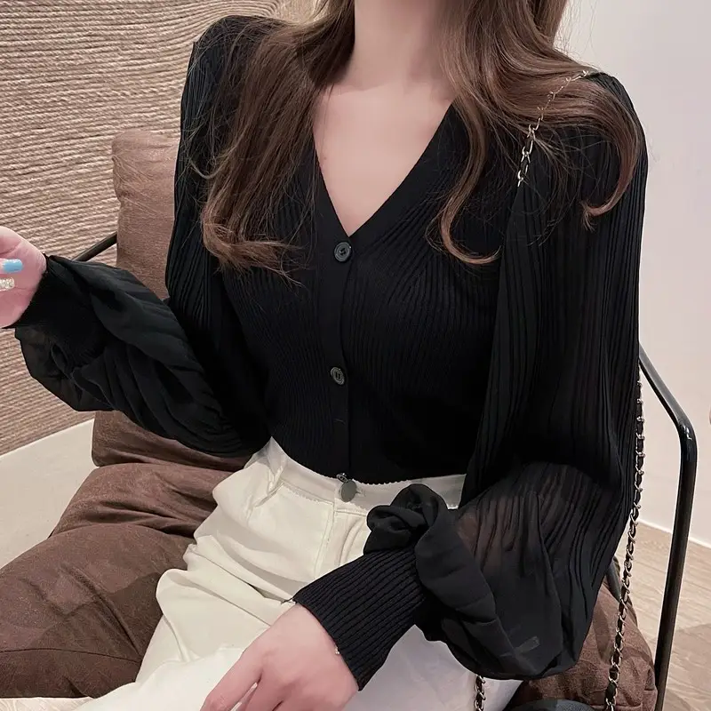 White V-Neck Long Sleeve Chiffon Cardigan Top - Image 6