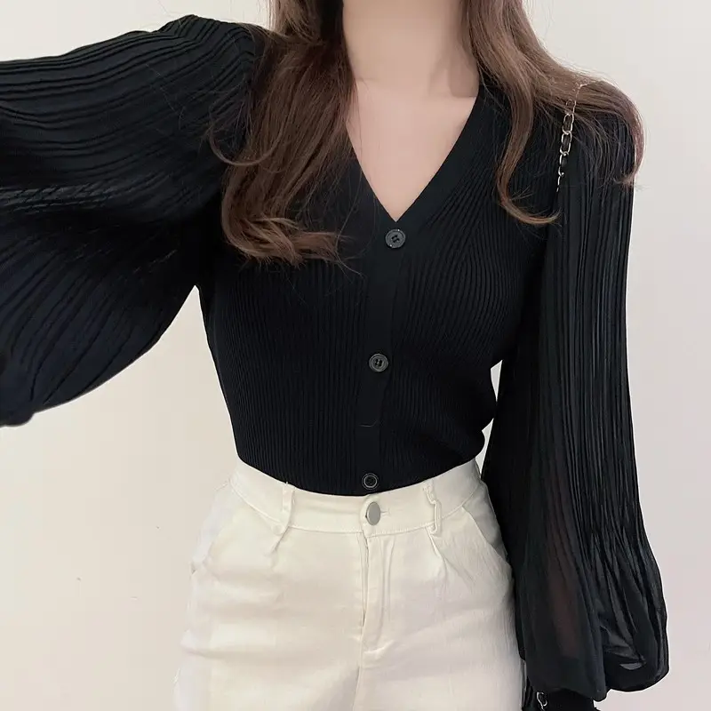 White V-Neck Long Sleeve Chiffon Cardigan Top - Image 8