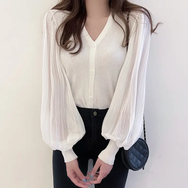 White V-Neck Long Sleeve Chiffon Cardigan Top — feature 1