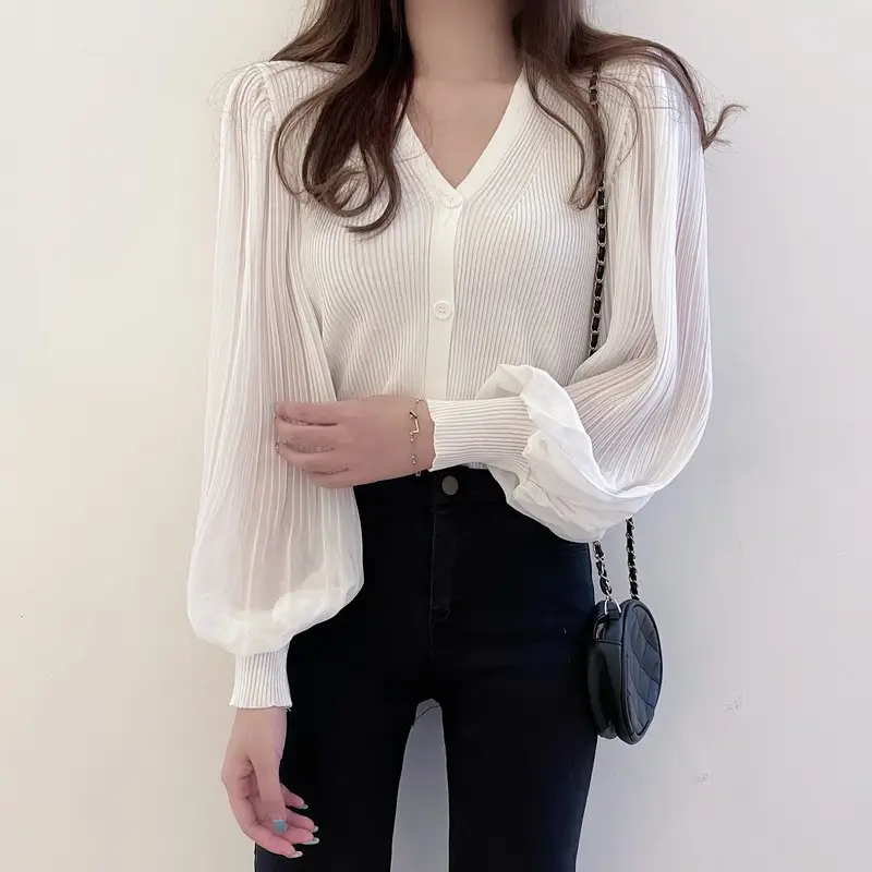 White V-Neck Long Sleeve Chiffon Cardigan Top — feature 10