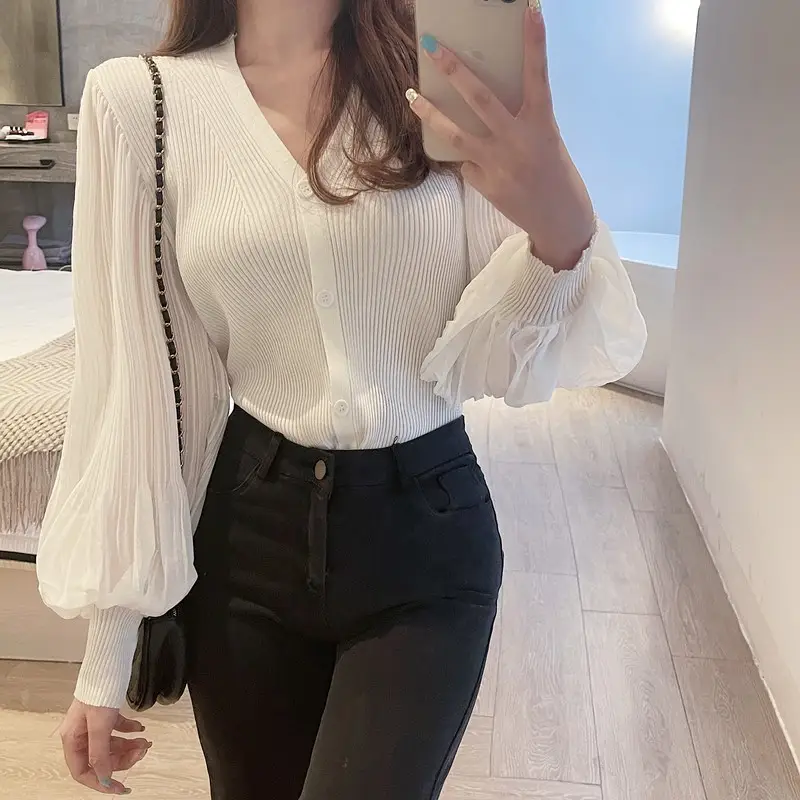 White V-Neck Long Sleeve Chiffon Cardigan Top — feature 11