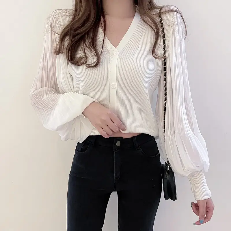 White V-Neck Long Sleeve Chiffon Cardigan Top — feature 12