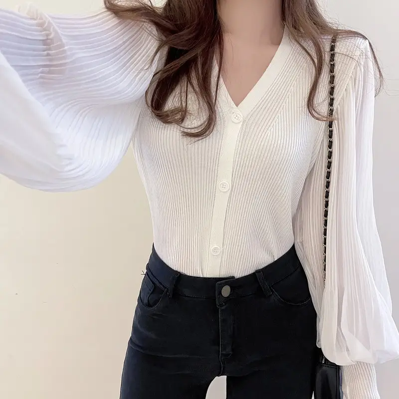 White V-Neck Long Sleeve Chiffon Cardigan Top — feature 13
