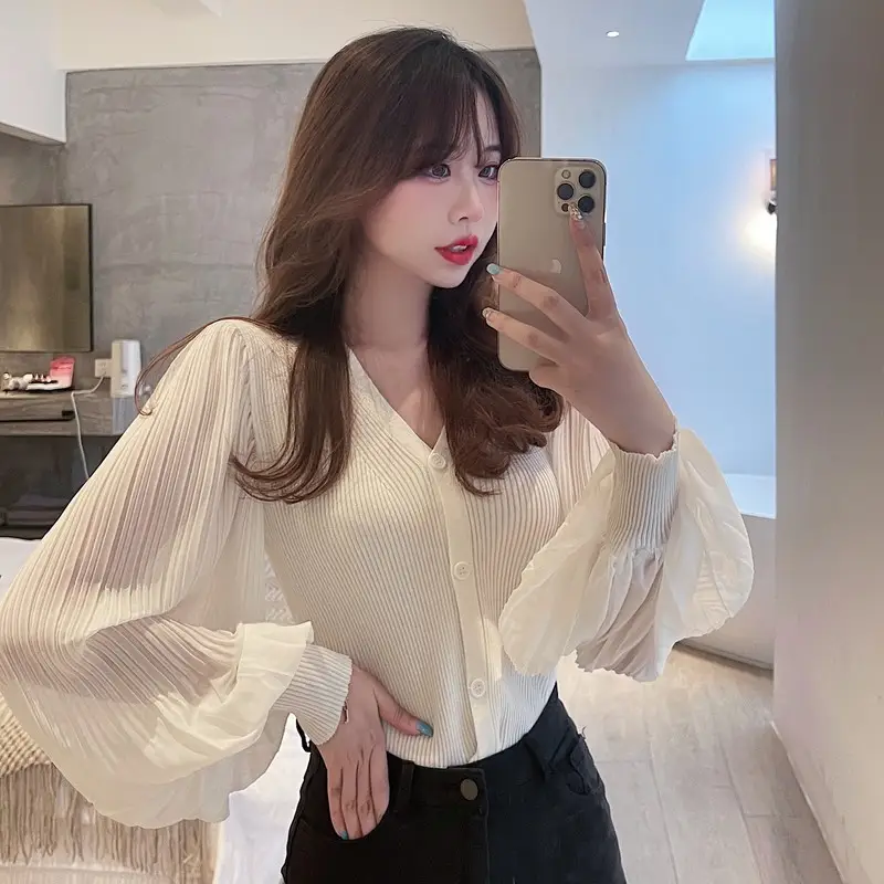 White V-Neck Long Sleeve Chiffon Cardigan Top — feature 14