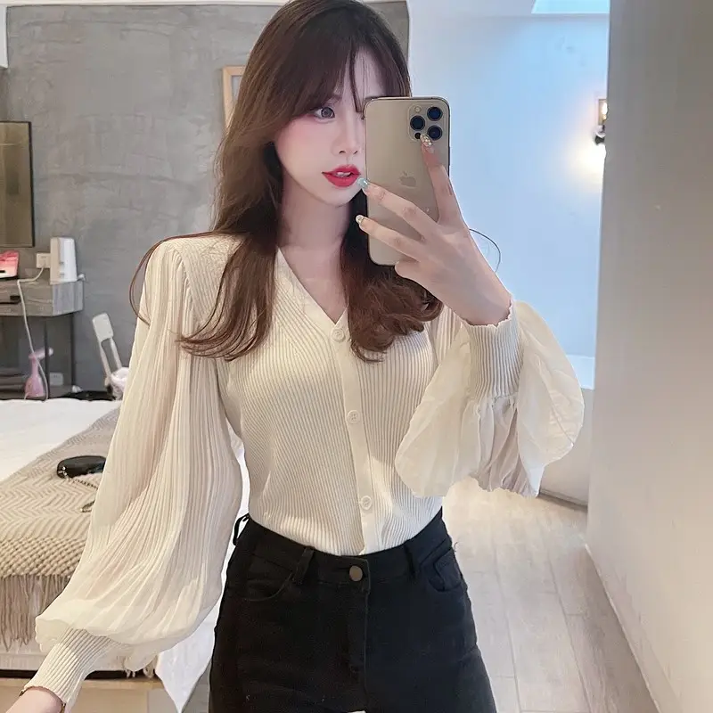 White V-Neck Long Sleeve Chiffon Cardigan Top — feature 15