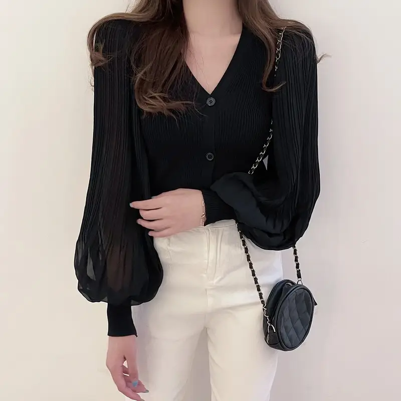 White V-Neck Long Sleeve Chiffon Cardigan Top — feature 16
