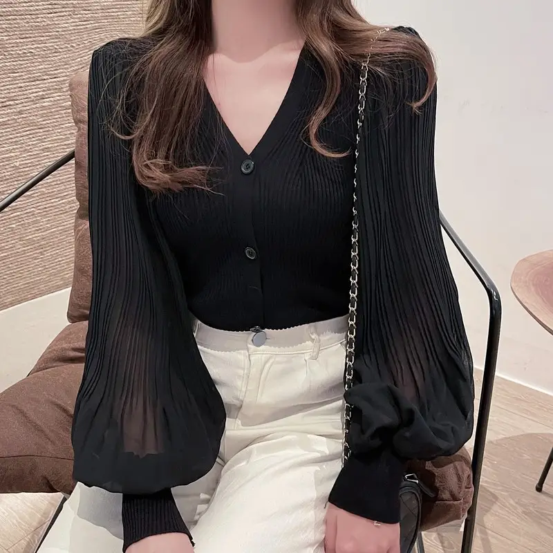 White V-Neck Long Sleeve Chiffon Cardigan Top — feature 17