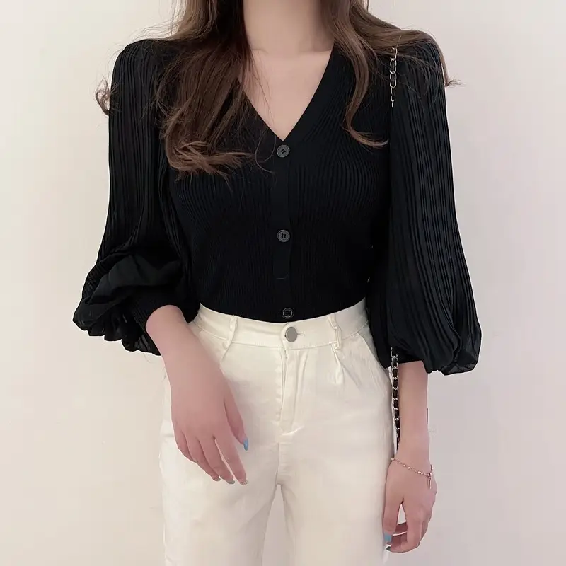 White V-Neck Long Sleeve Chiffon Cardigan Top — feature 18