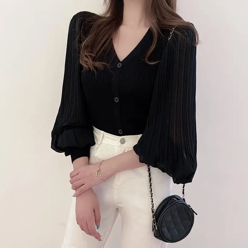 White V-Neck Long Sleeve Chiffon Cardigan Top — feature 19