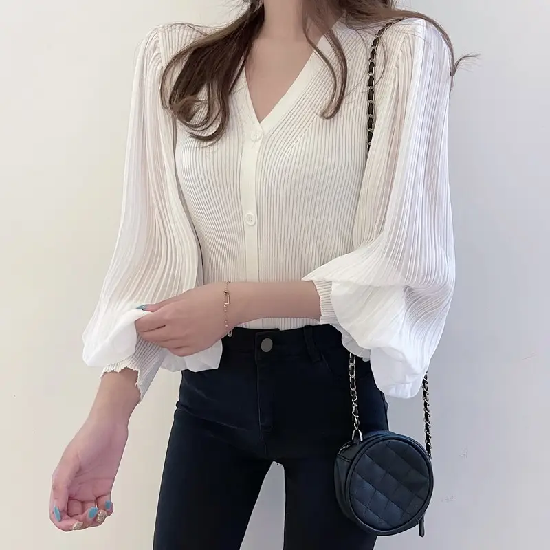 White V-Neck Long Sleeve Chiffon Cardigan Top — feature 2