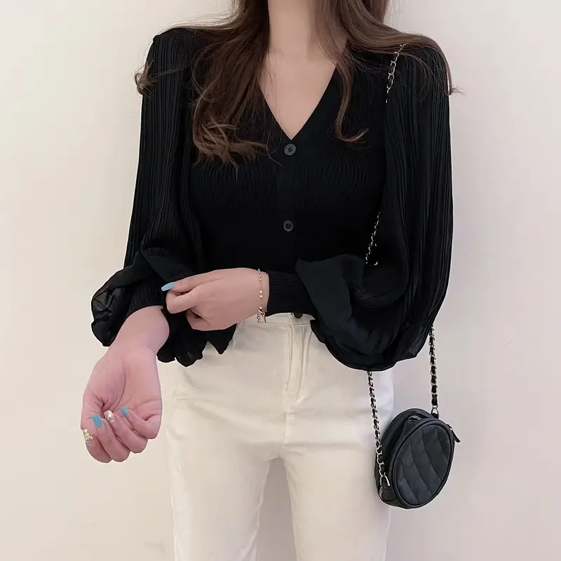 White V-Neck Long Sleeve Chiffon Cardigan Top — feature 20