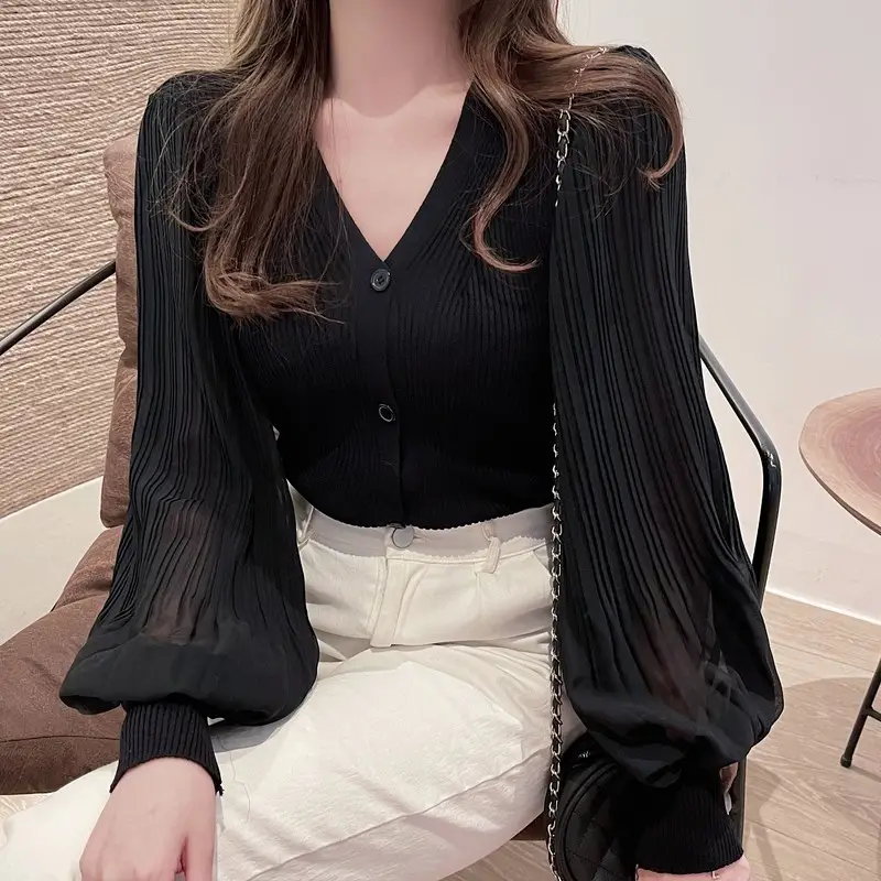 White V-Neck Long Sleeve Chiffon Cardigan Top — feature 21