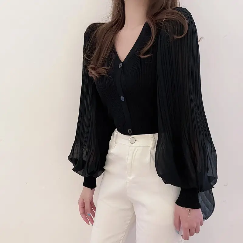 White V-Neck Long Sleeve Chiffon Cardigan Top — feature 24