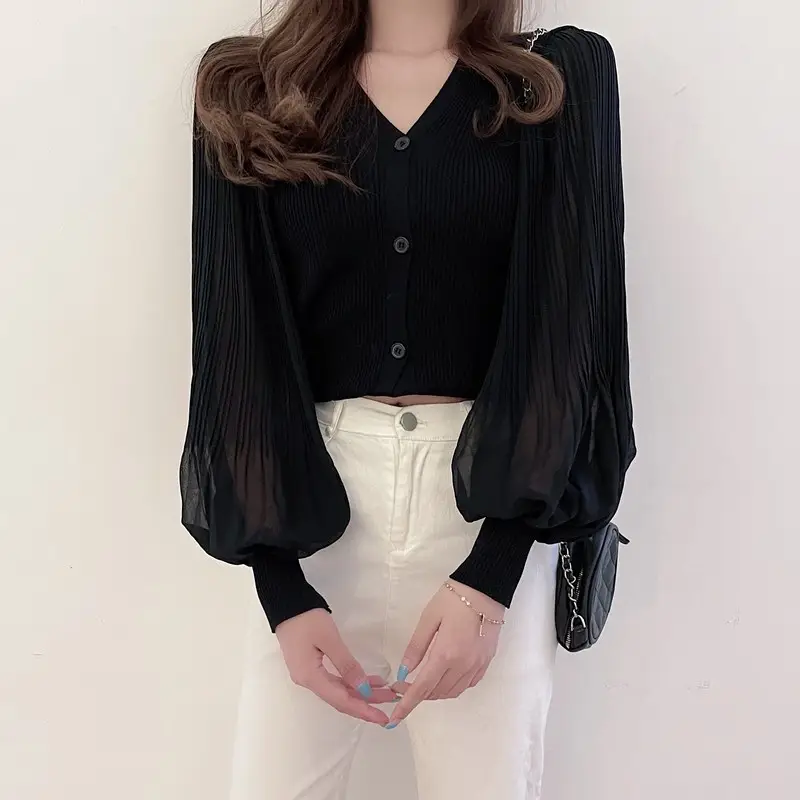 White V-Neck Long Sleeve Chiffon Cardigan Top — feature 25