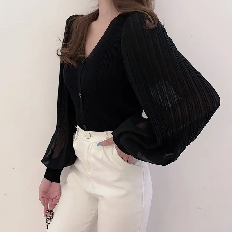 White V-Neck Long Sleeve Chiffon Cardigan Top — feature 26