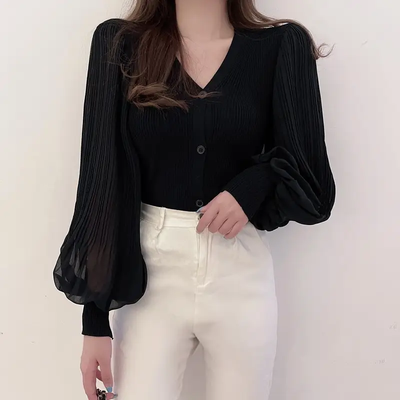 White V-Neck Long Sleeve Chiffon Cardigan Top — feature 28