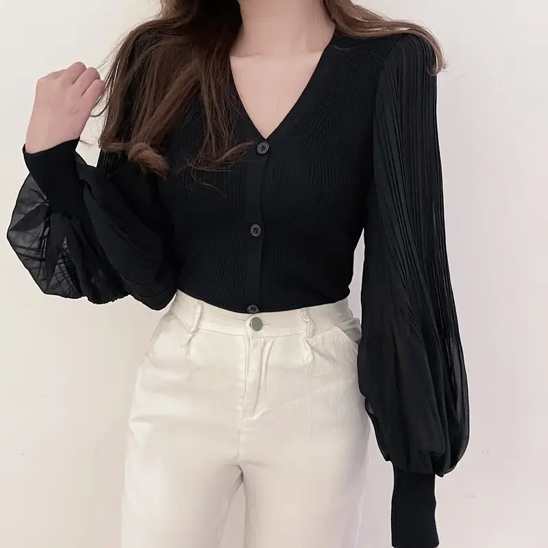 White V-Neck Long Sleeve Chiffon Cardigan Top — feature 29