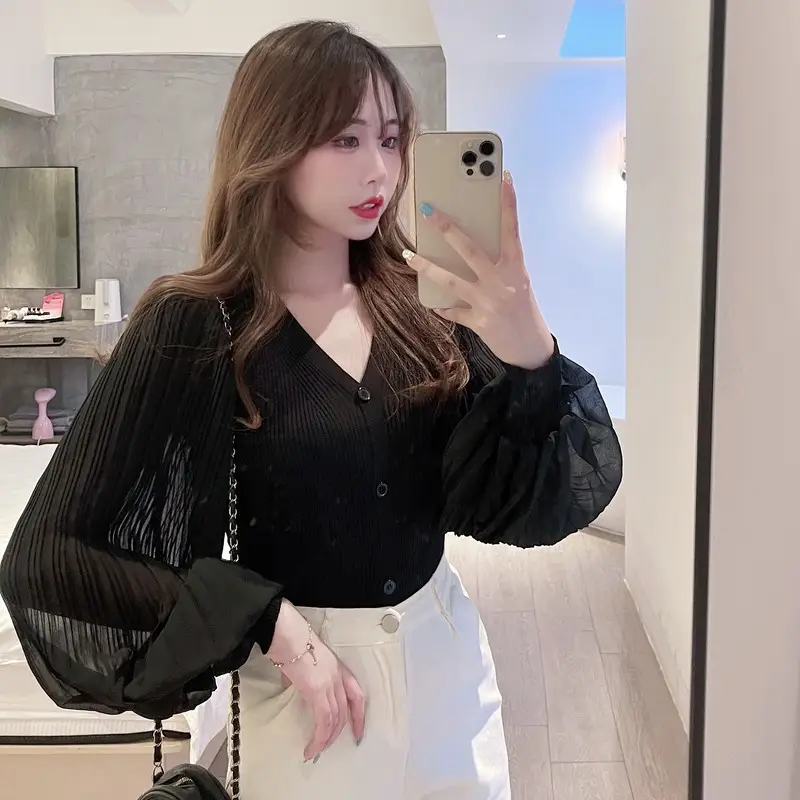 White V-Neck Long Sleeve Chiffon Cardigan Top — feature 30