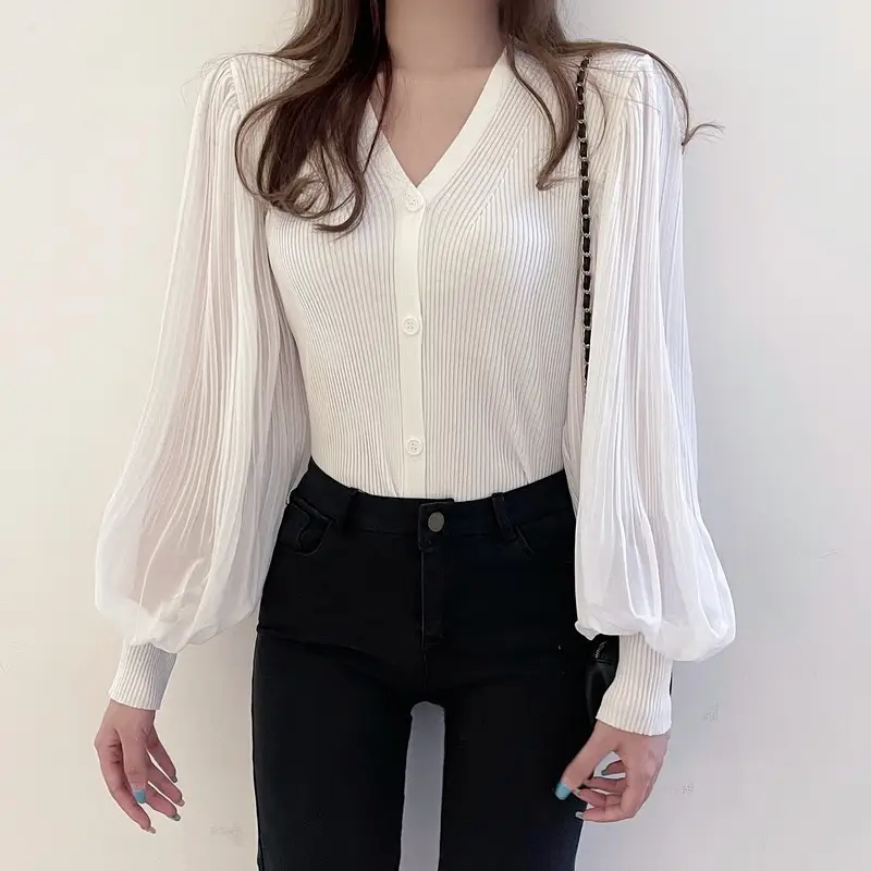 White V-Neck Long Sleeve Chiffon Cardigan Top — feature 4