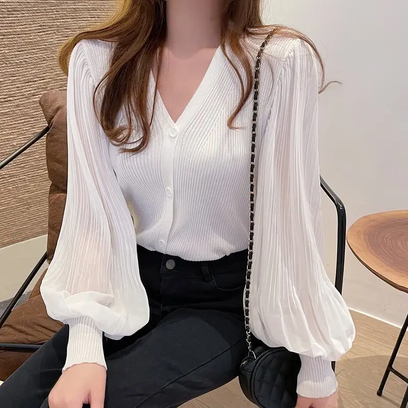 White V-Neck Long Sleeve Chiffon Cardigan Top — feature 5