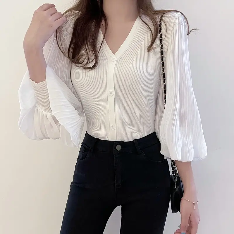 White V-Neck Long Sleeve Chiffon Cardigan Top — feature 6