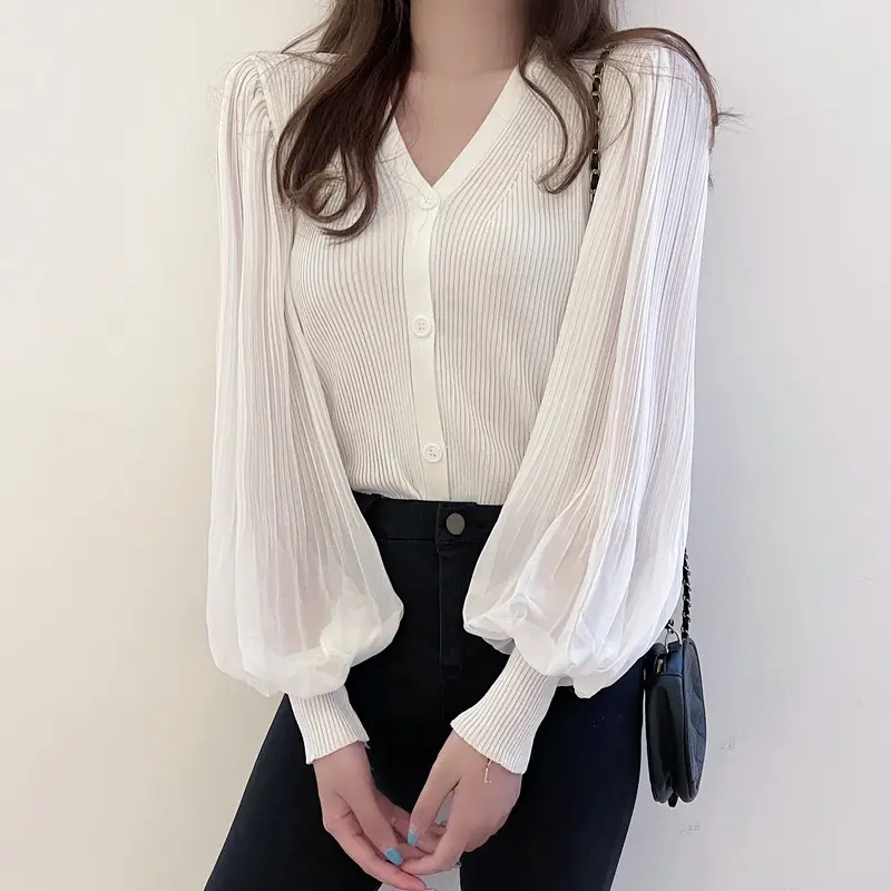 White V-Neck Long Sleeve Chiffon Cardigan Top — feature 7