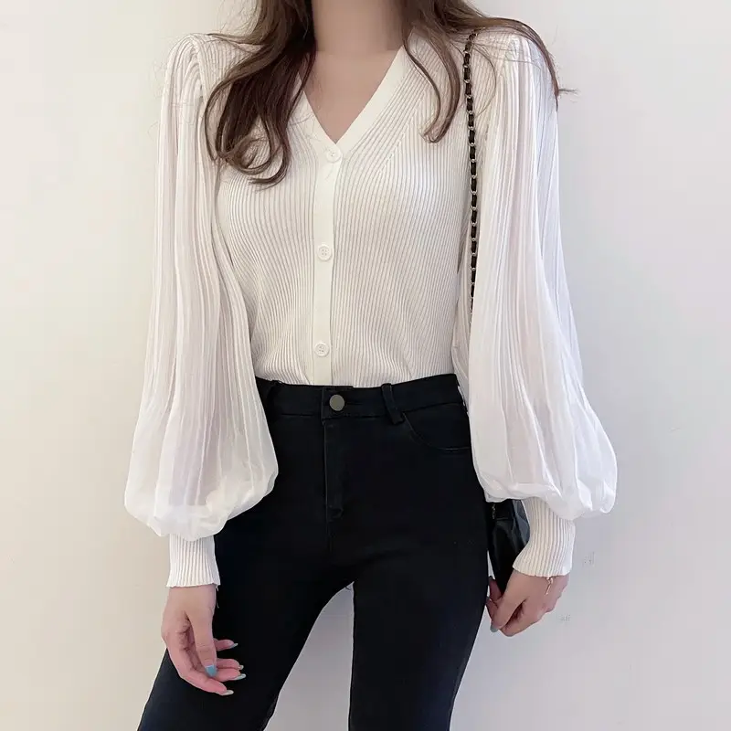 White V-Neck Long Sleeve Chiffon Cardigan Top — feature 8