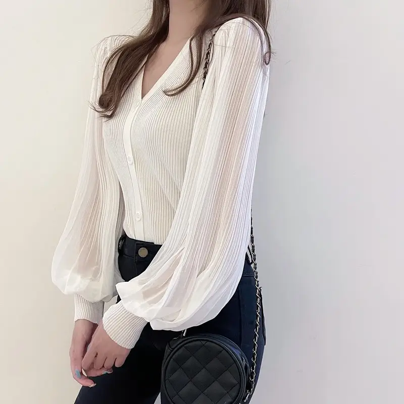 White V-Neck Long Sleeve Chiffon Cardigan Top — feature 9