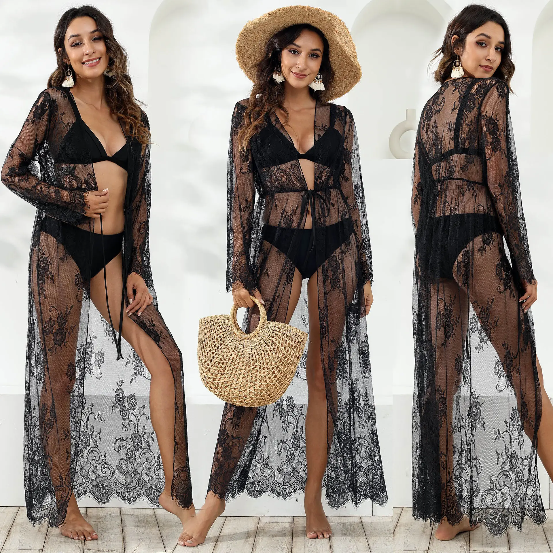 Black Lace See-Through Cardigan Jacket for Women - Image 4
