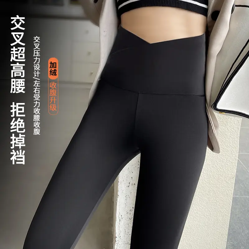 Women Fleece Cross Waist Leggings Black Grey 375 - Image 4