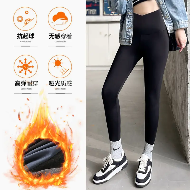 Women Fleece Cross Waist Leggings Black Grey 375 - Image 6