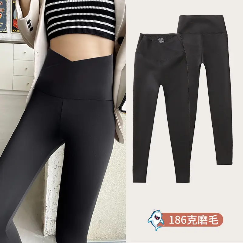 Women Fleece Cross Waist Leggings Black Grey 375 - Image 2