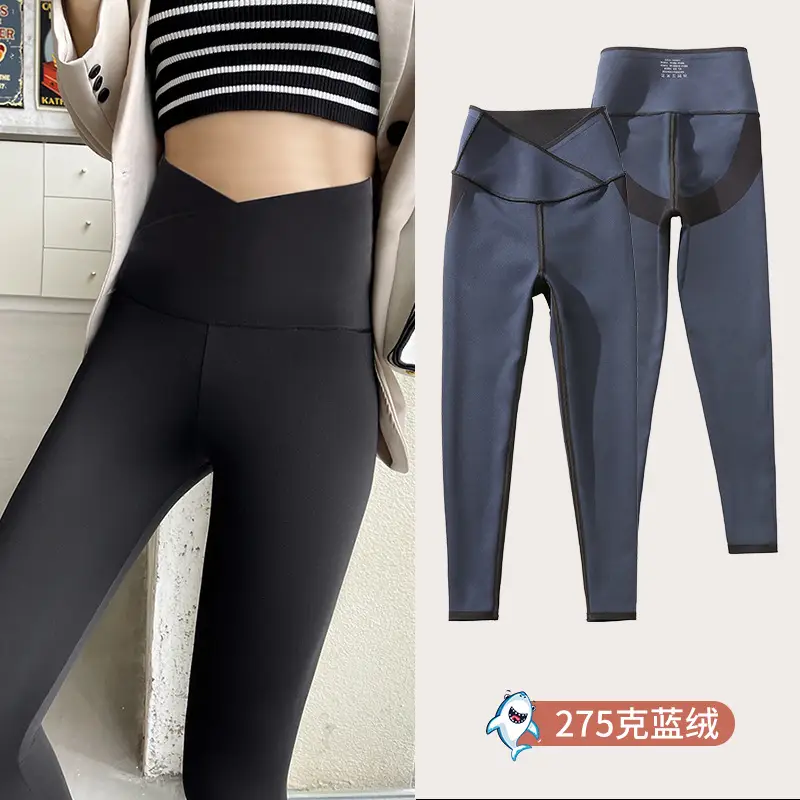 Women Fleece Cross Waist Leggings Black Grey 375 - Image 3