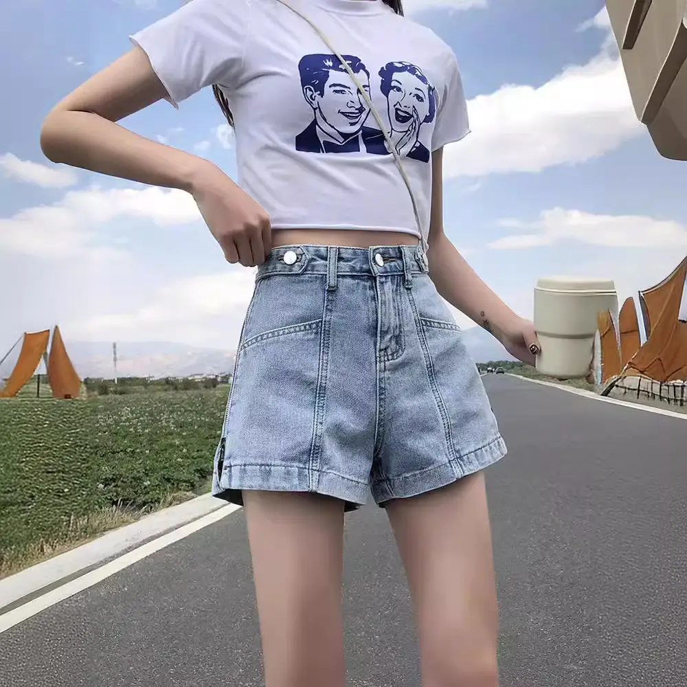 Women Denim Shorts White Top High Waist Zipper Black