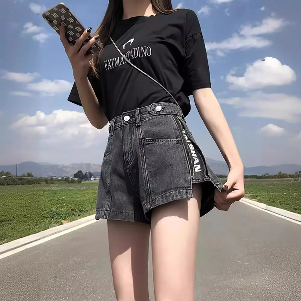 Women Denim Shorts White Top High Waist Zipper Black