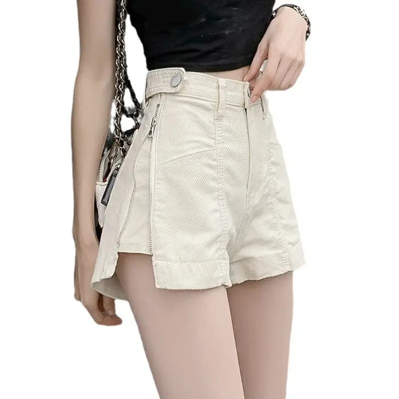 Women Denim Shorts White Top High Waist Zipper Black