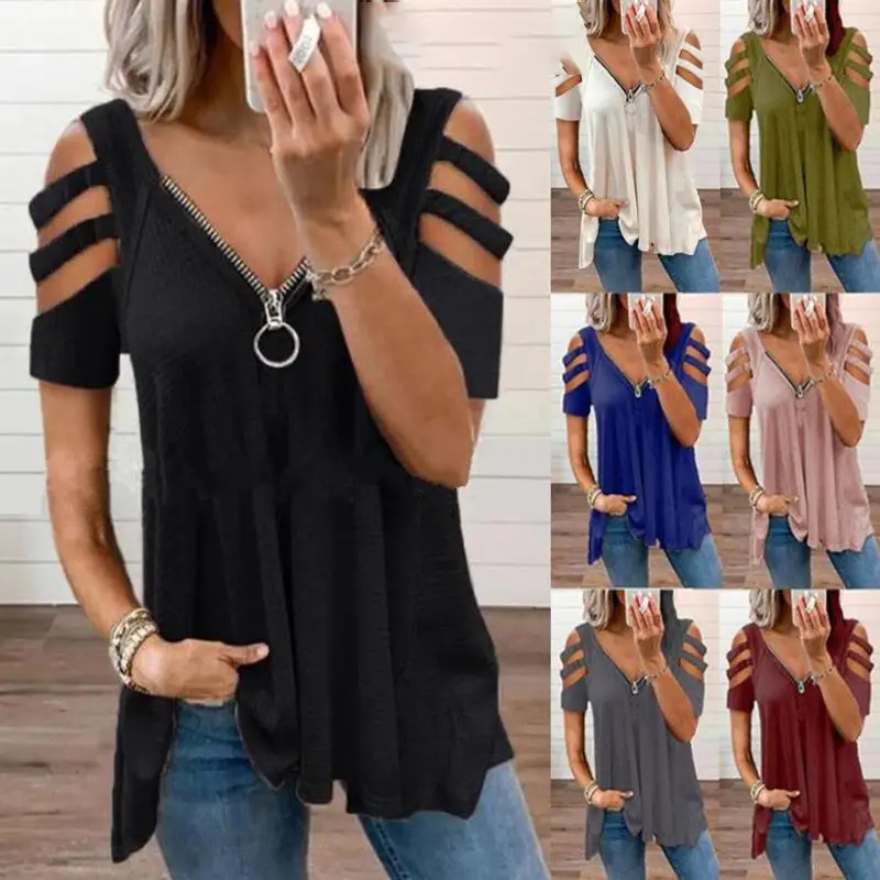 Women Off-Shoulder V-Neck Zipper T-Shirt Top White
