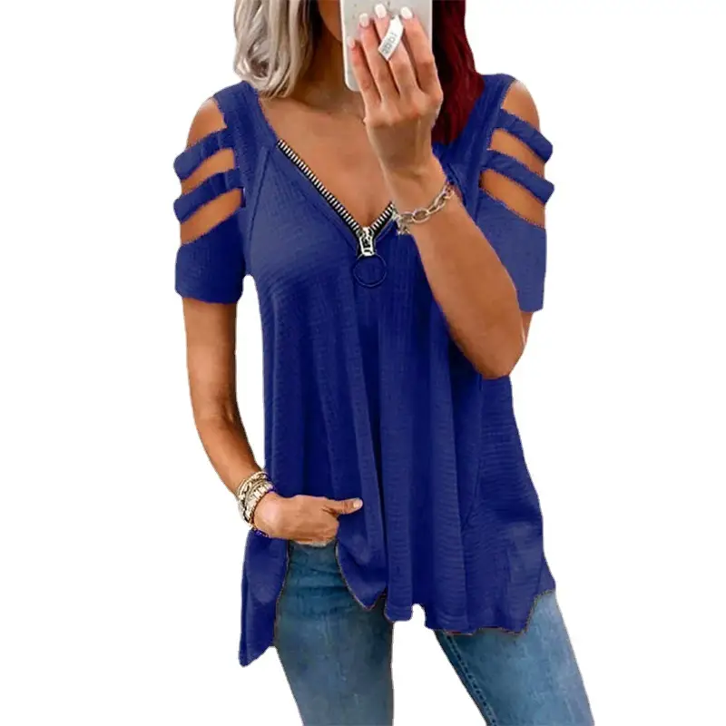 Women Off-Shoulder V-Neck Zipper T-Shirt Top White