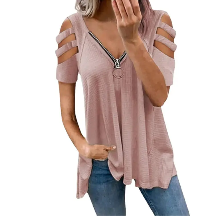 Women Off-Shoulder V-Neck Zipper T-Shirt Top White