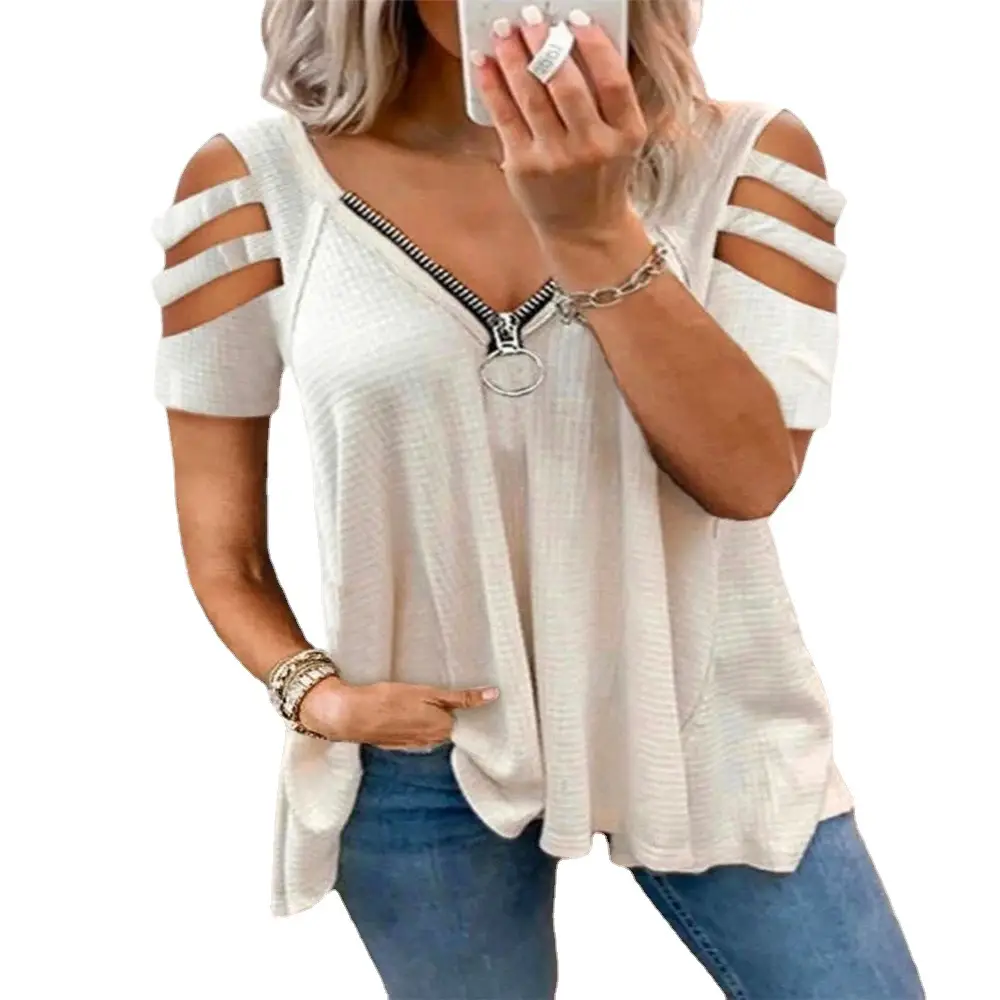 Women Off-Shoulder V-Neck Zipper T-Shirt Top White