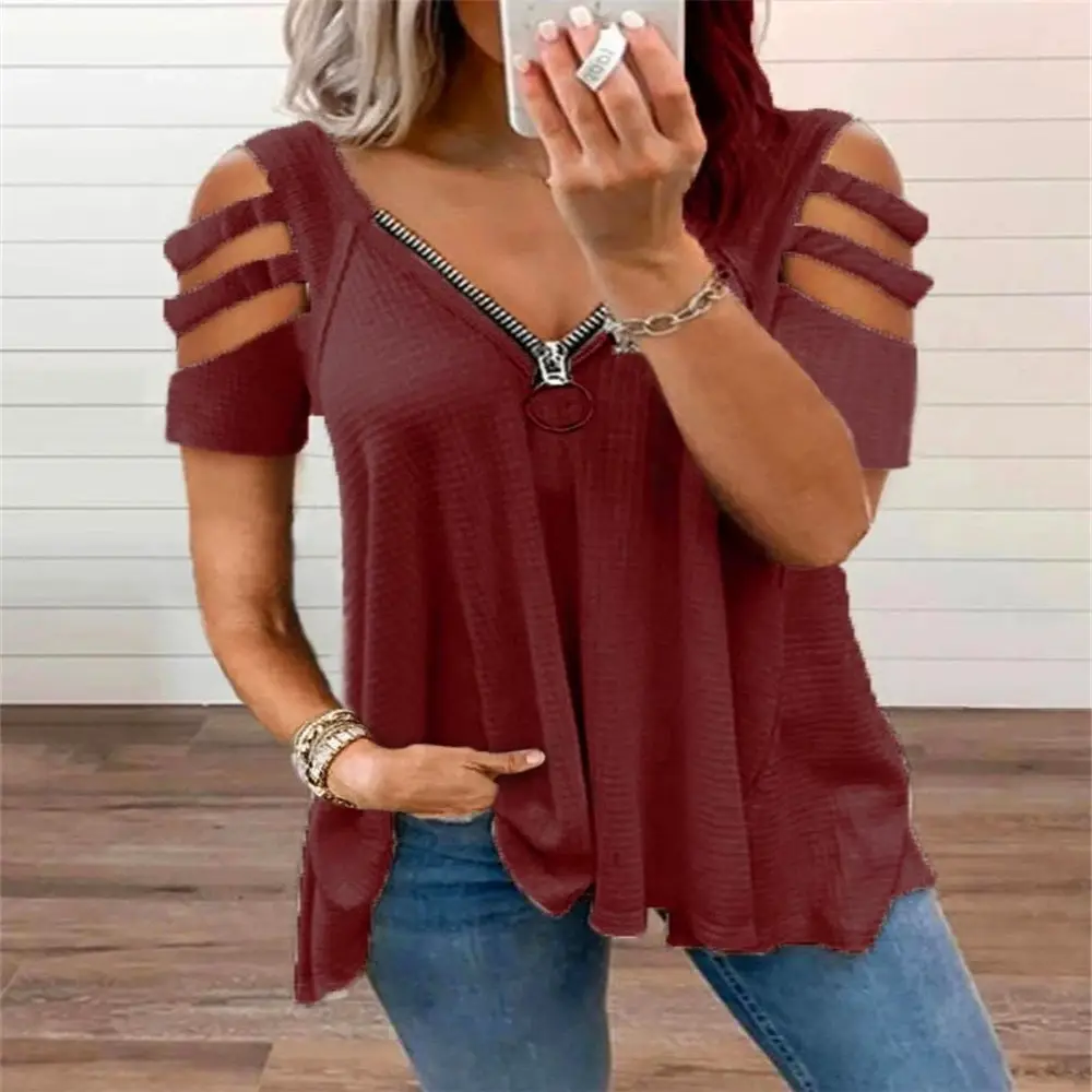 Women Off-Shoulder V-Neck Zipper T-Shirt Top White