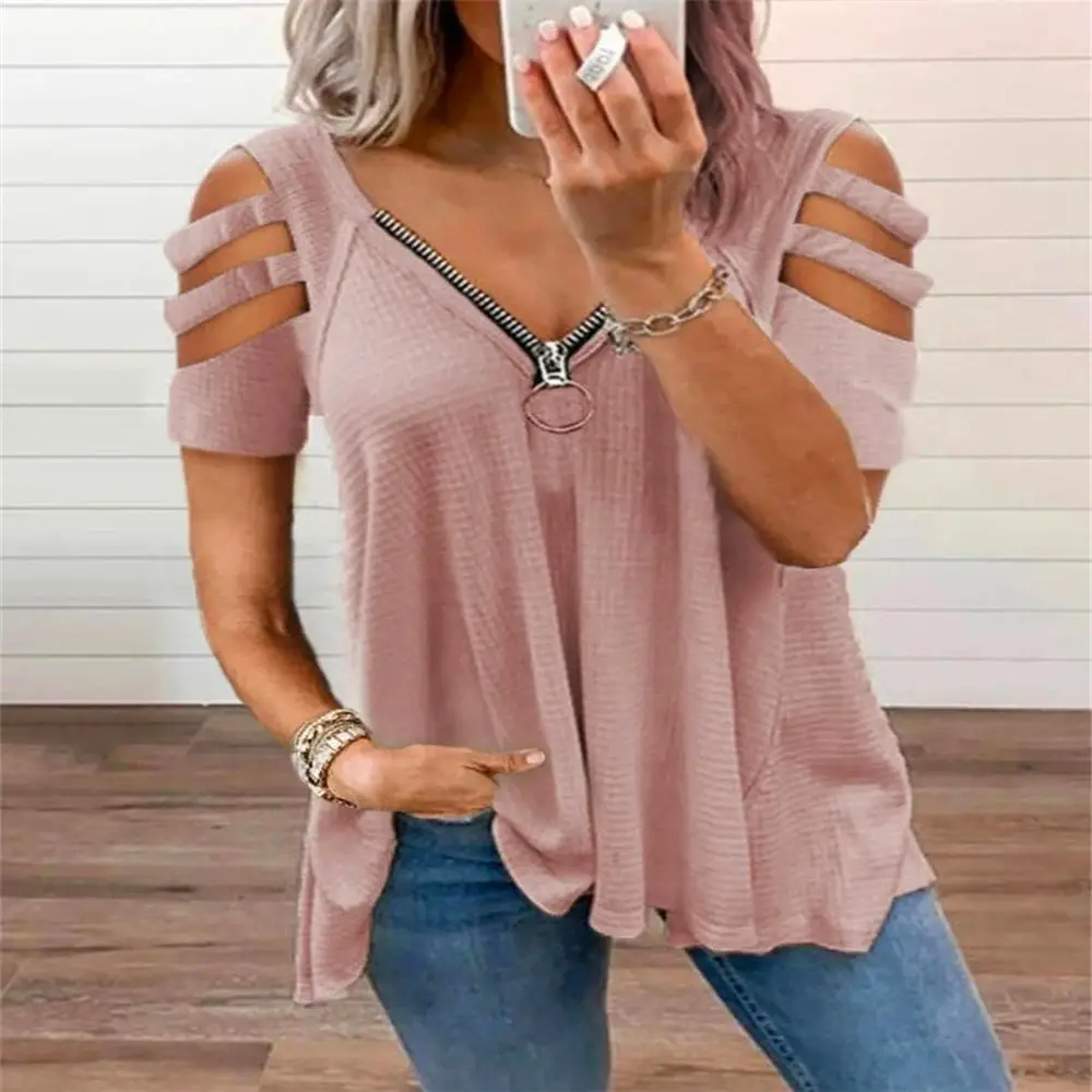 Women Off-Shoulder V-Neck Zipper T-Shirt Top White