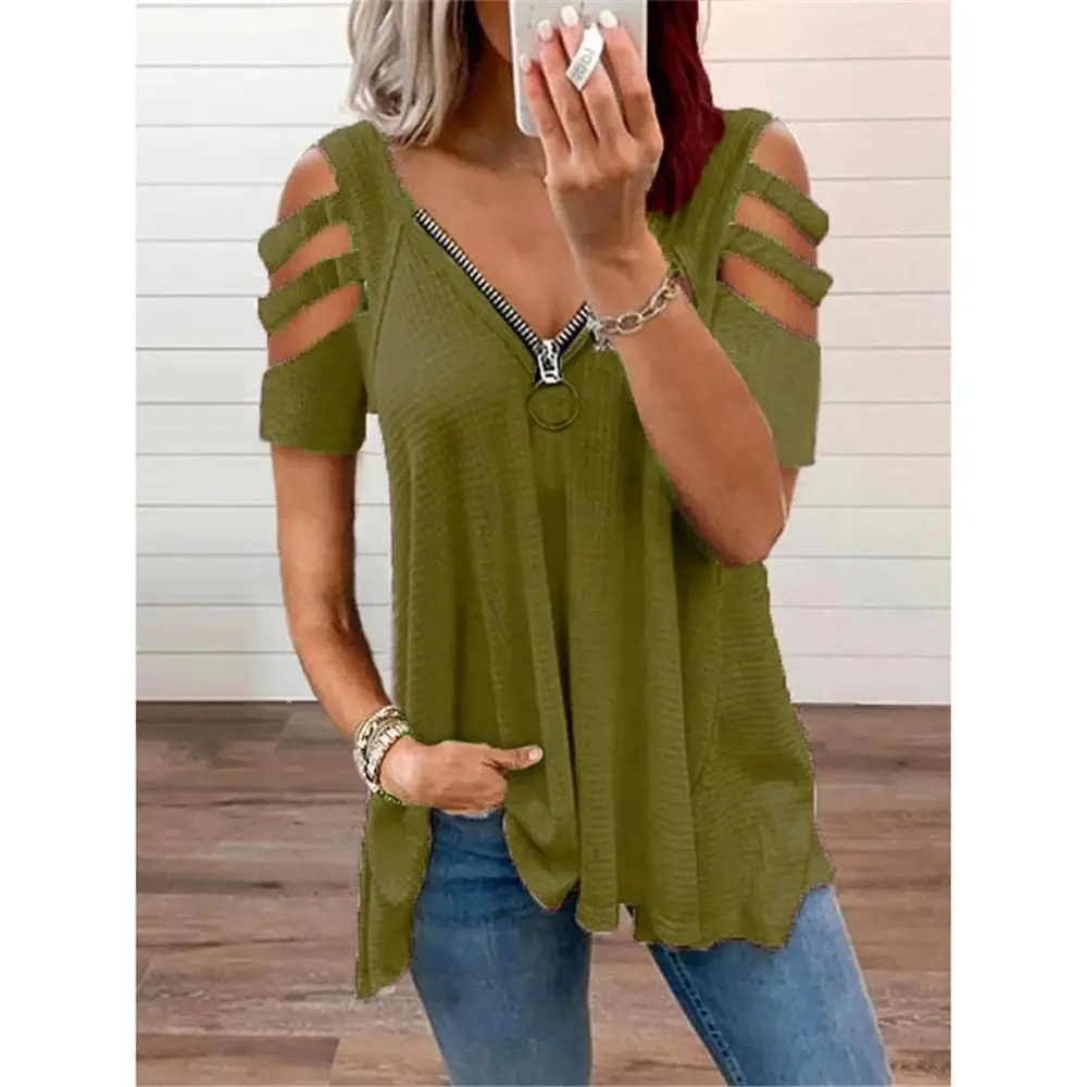 Women Off-Shoulder V-Neck Zipper T-Shirt Top White